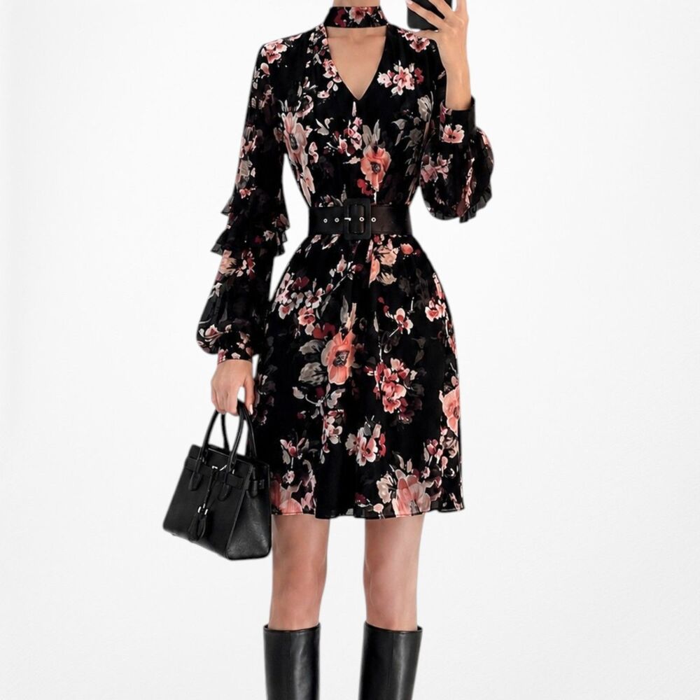 Vintage Y2K Black Floral Long Puffy Sleeve Ruffle Knee Length Tunic Dress S/M